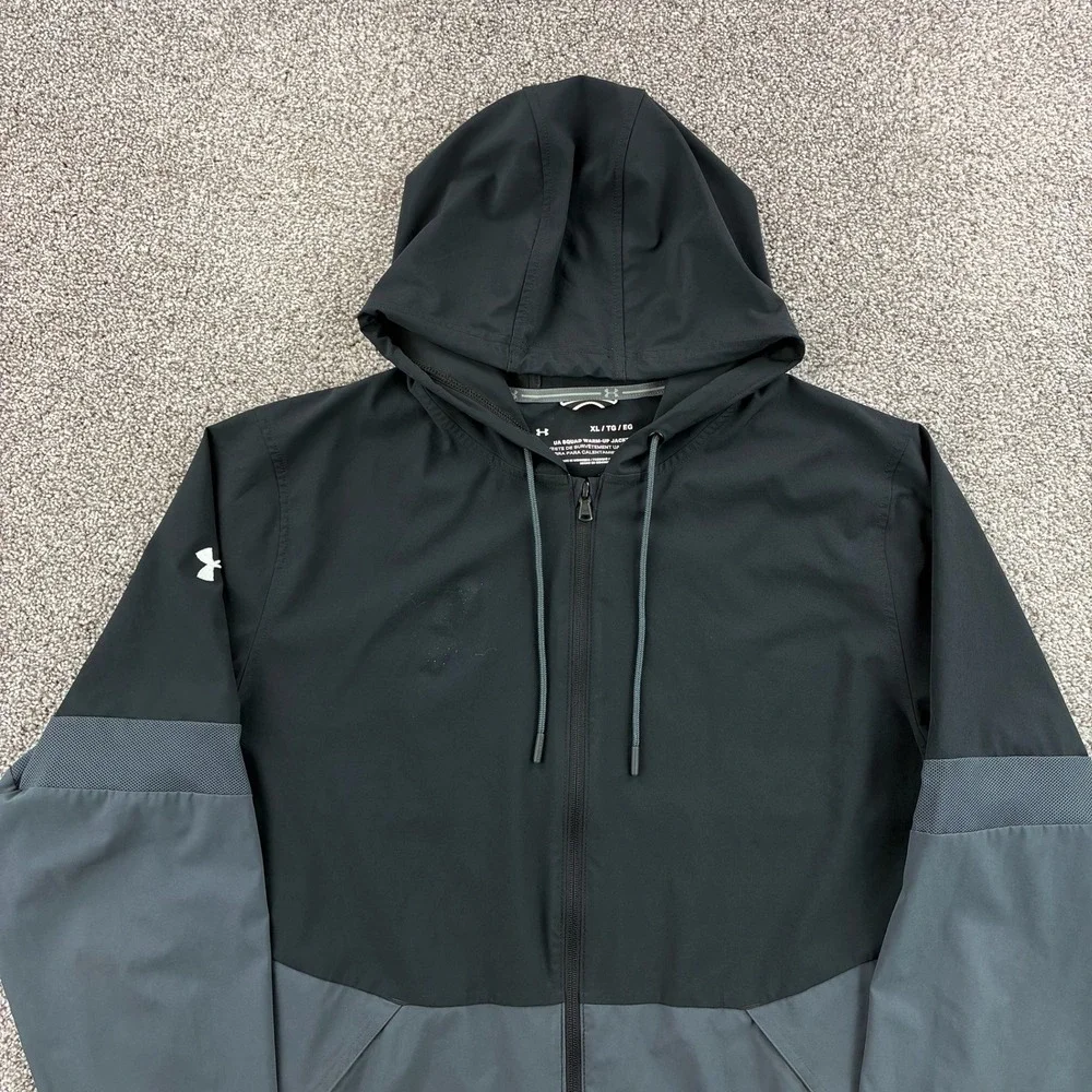 Under Armour Squad Warm Up Jacket Mens XL Black Gray Hooded Windbreaker 1293910